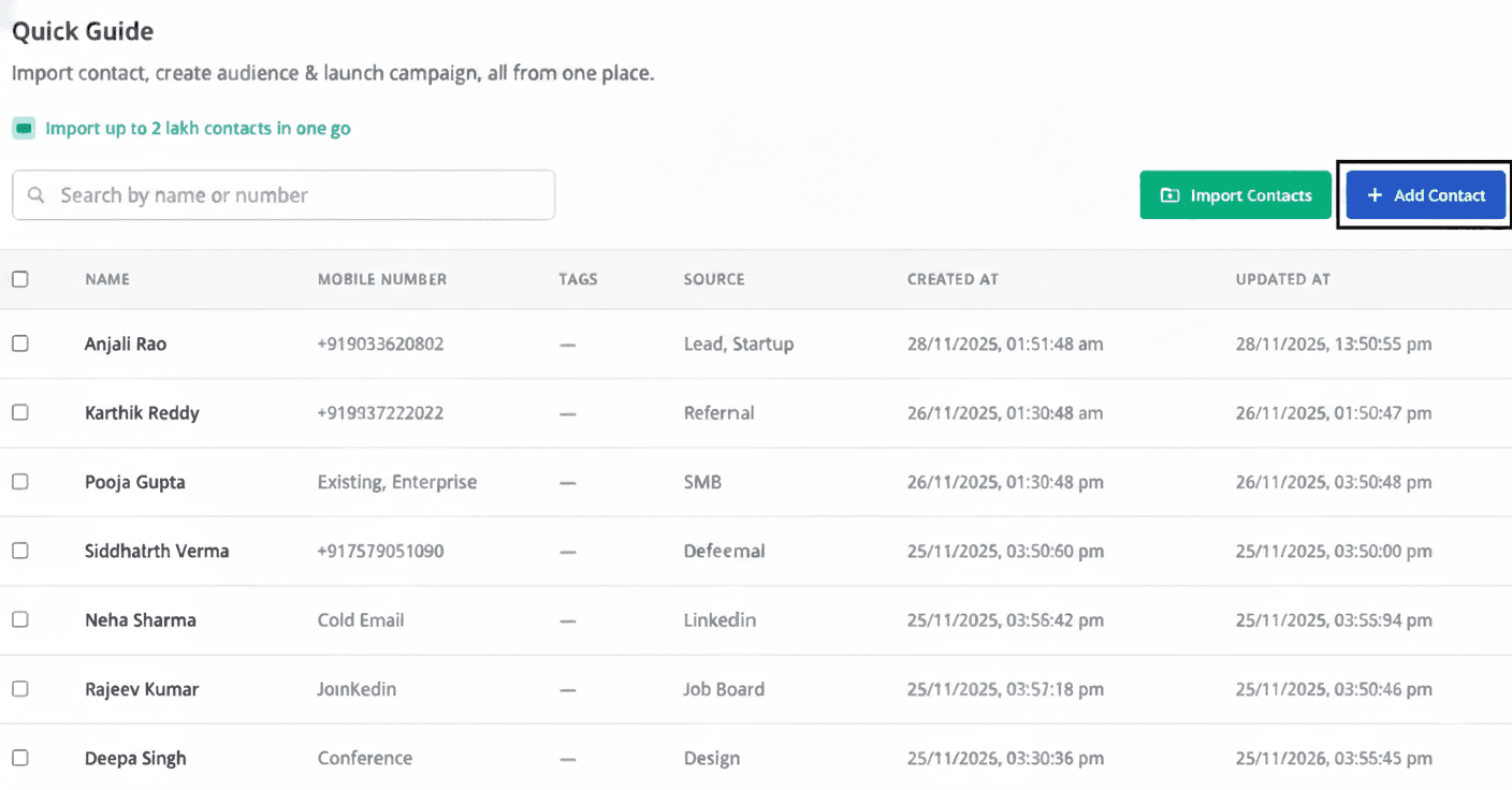 WapNexus interface: Populate Your Contact List