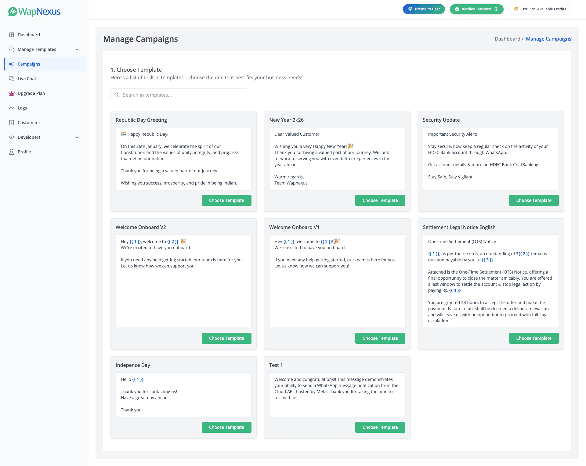 WapNexus approved WhatsApp message template library